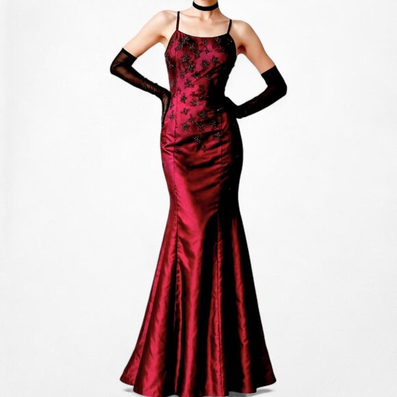 Vintage Burgundy Red Satin Beaded Fit Flared Maxi Prom Dress Size S - Picture 1 of 8